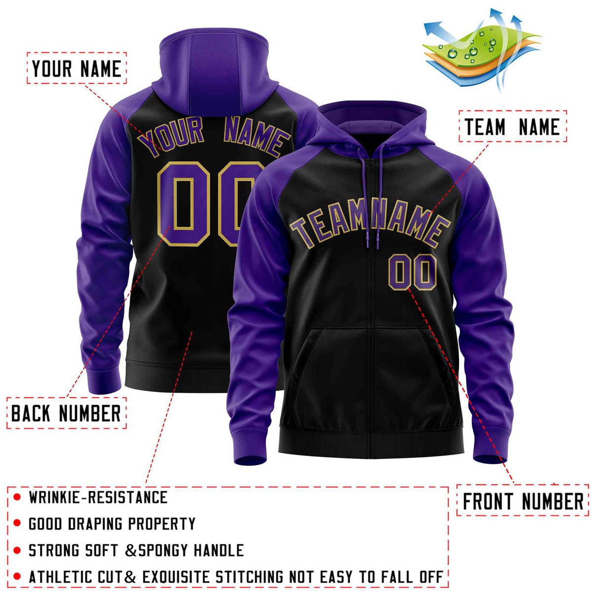Custom Stitched Black Purple Raglan Sleeves Sports Full-Zip Sweatshirt Hoodie| KXKSHOP
