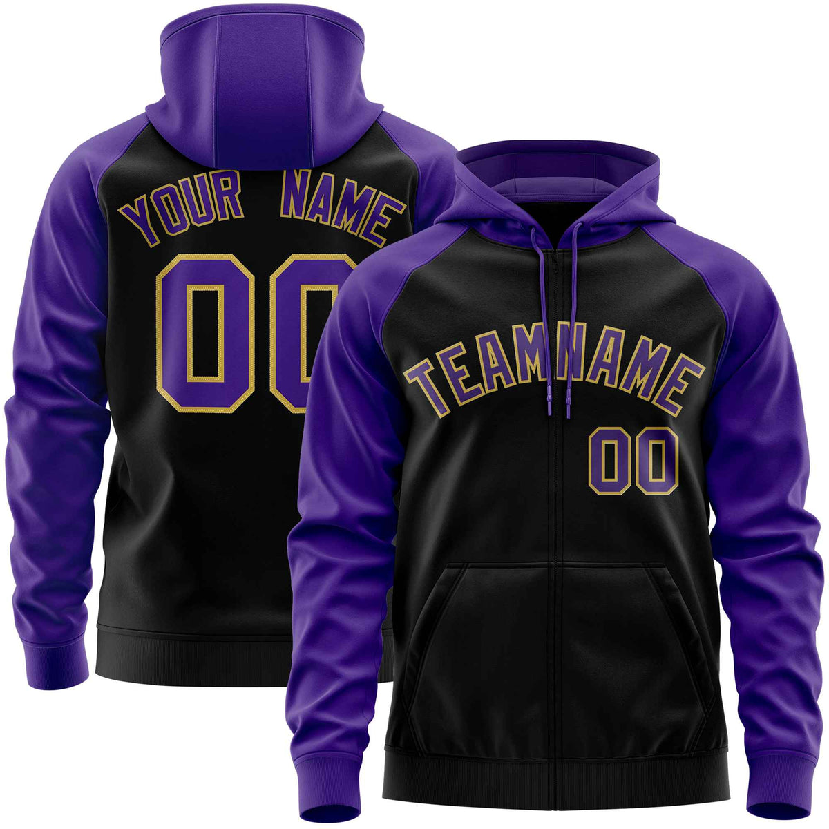 Custom Stitched Black Purple Raglan Sleeves Sports Full-Zip Sweatshirt Hoodie| KXKSHOP