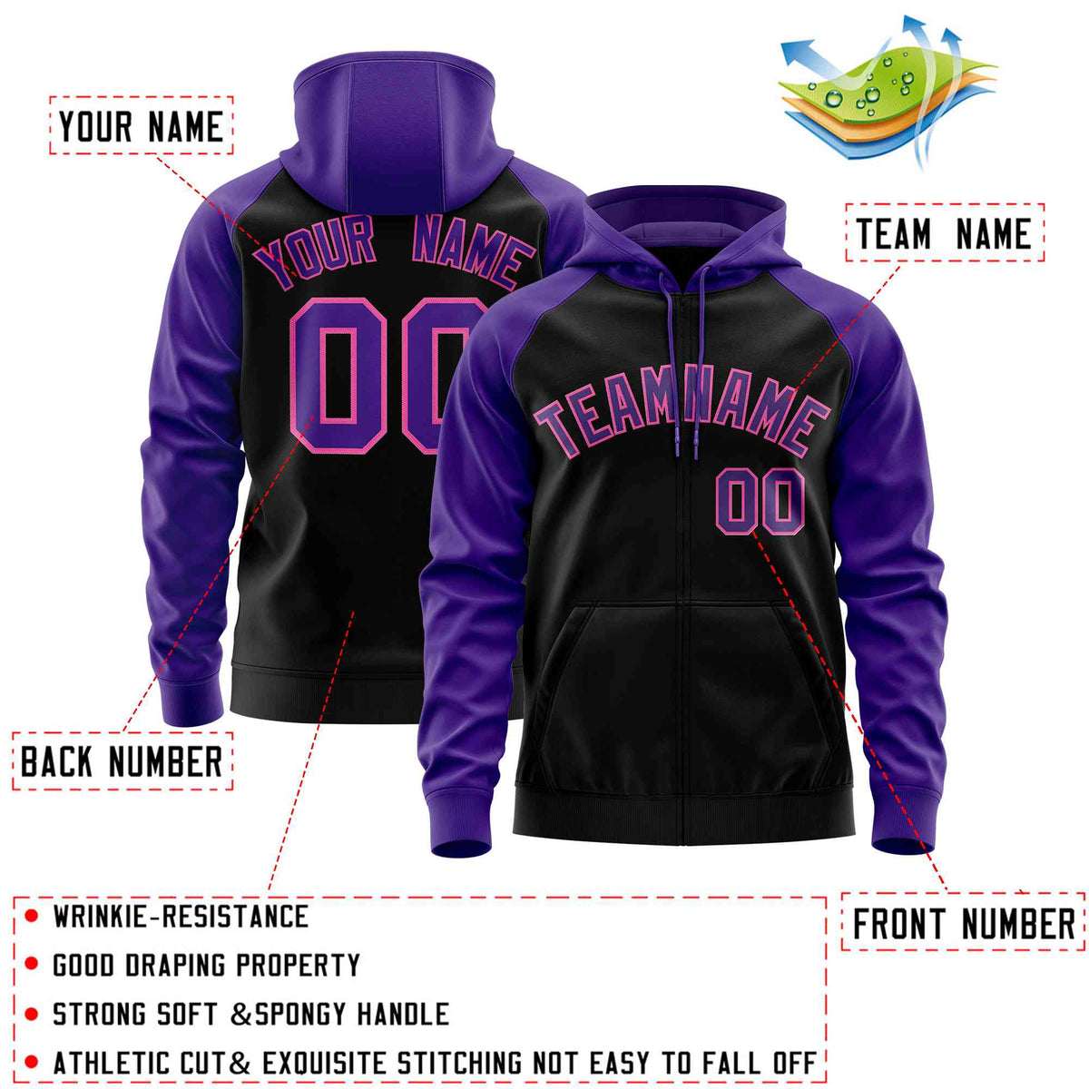 Custom Stitched Black Purple Raglan Sleeves Sports Full-Zip Sweatshirt Hoodie| KXKSHOP