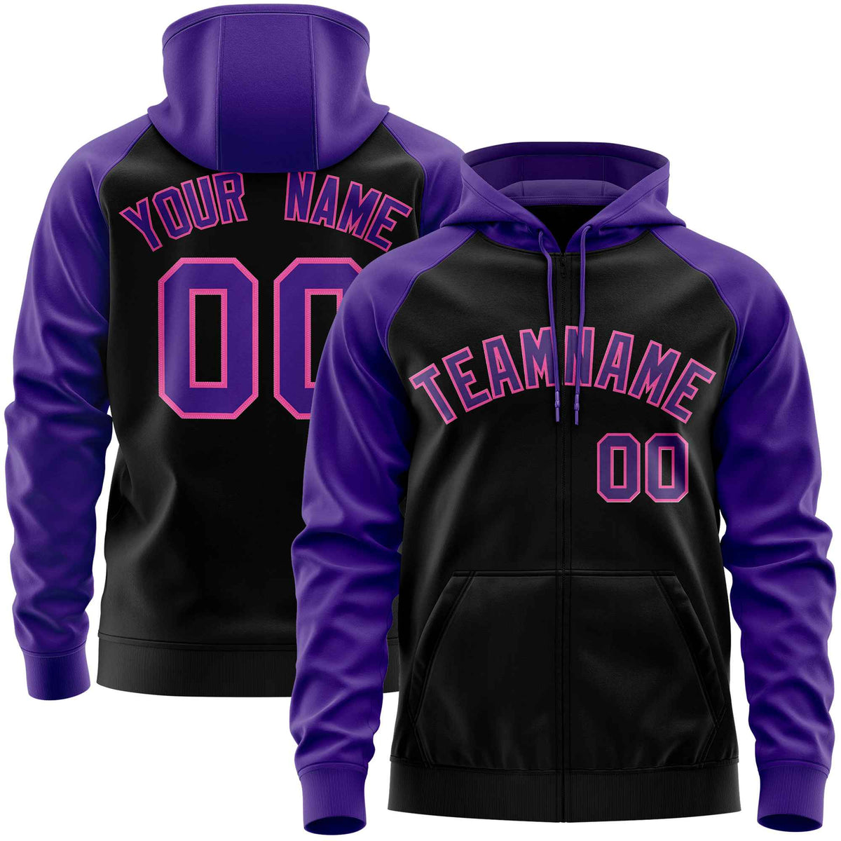 Custom Stitched Black Purple Raglan Sleeves Sports Full-Zip Sweatshirt Hoodie| KXKSHOP