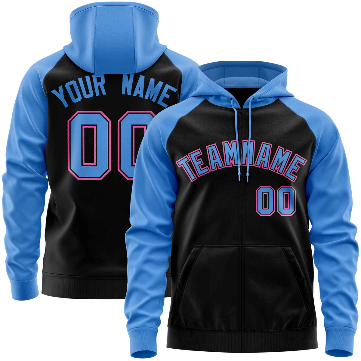 Custom Stitched Black Powder Blue Raglan Sleeves Sports Full-Zip Sweatshirt Hoodie| KXKSHOP