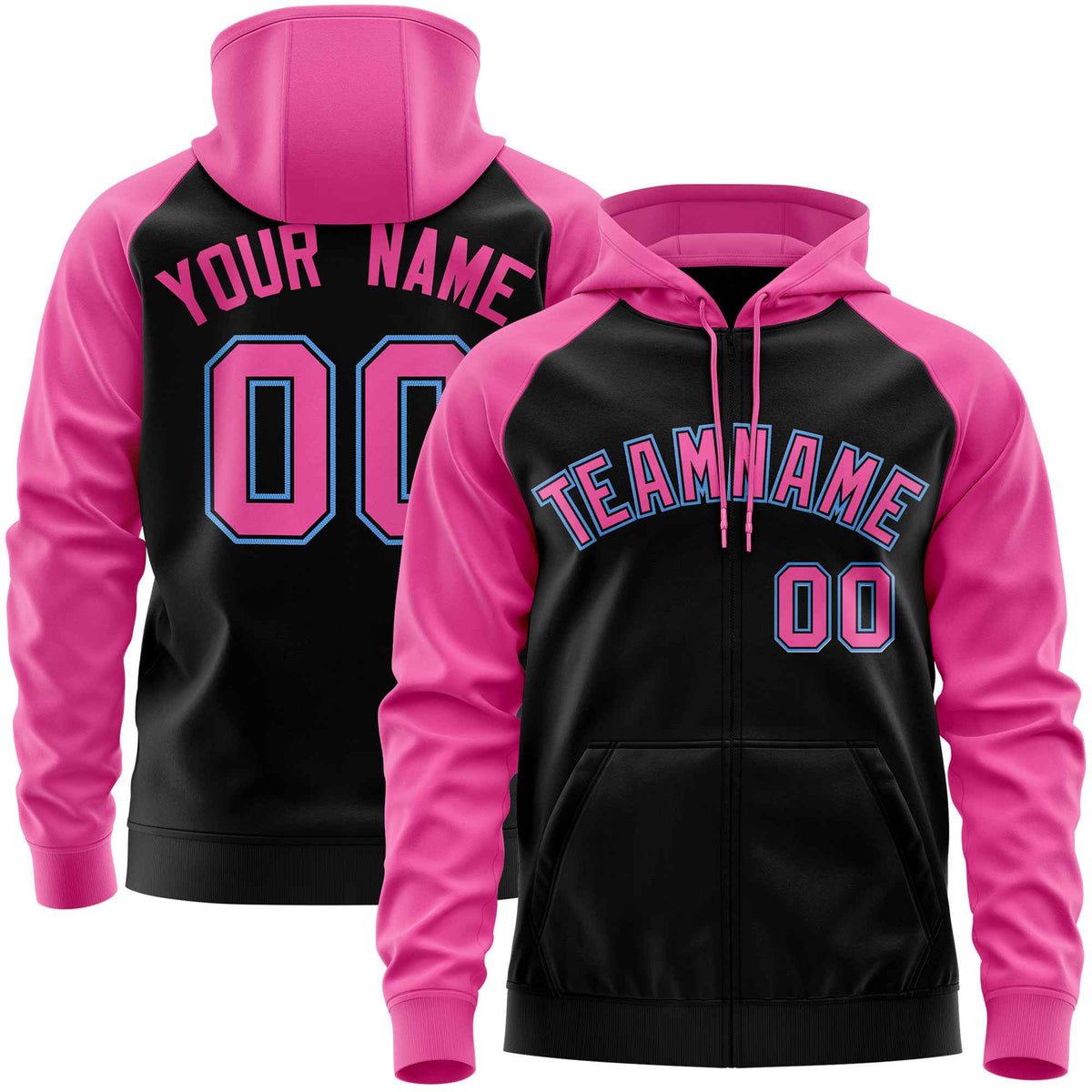 Custom Stitched Black Pink Raglan Sleeves Sports Full-Zip Sweatshirt Hoodie| KXKSHOP