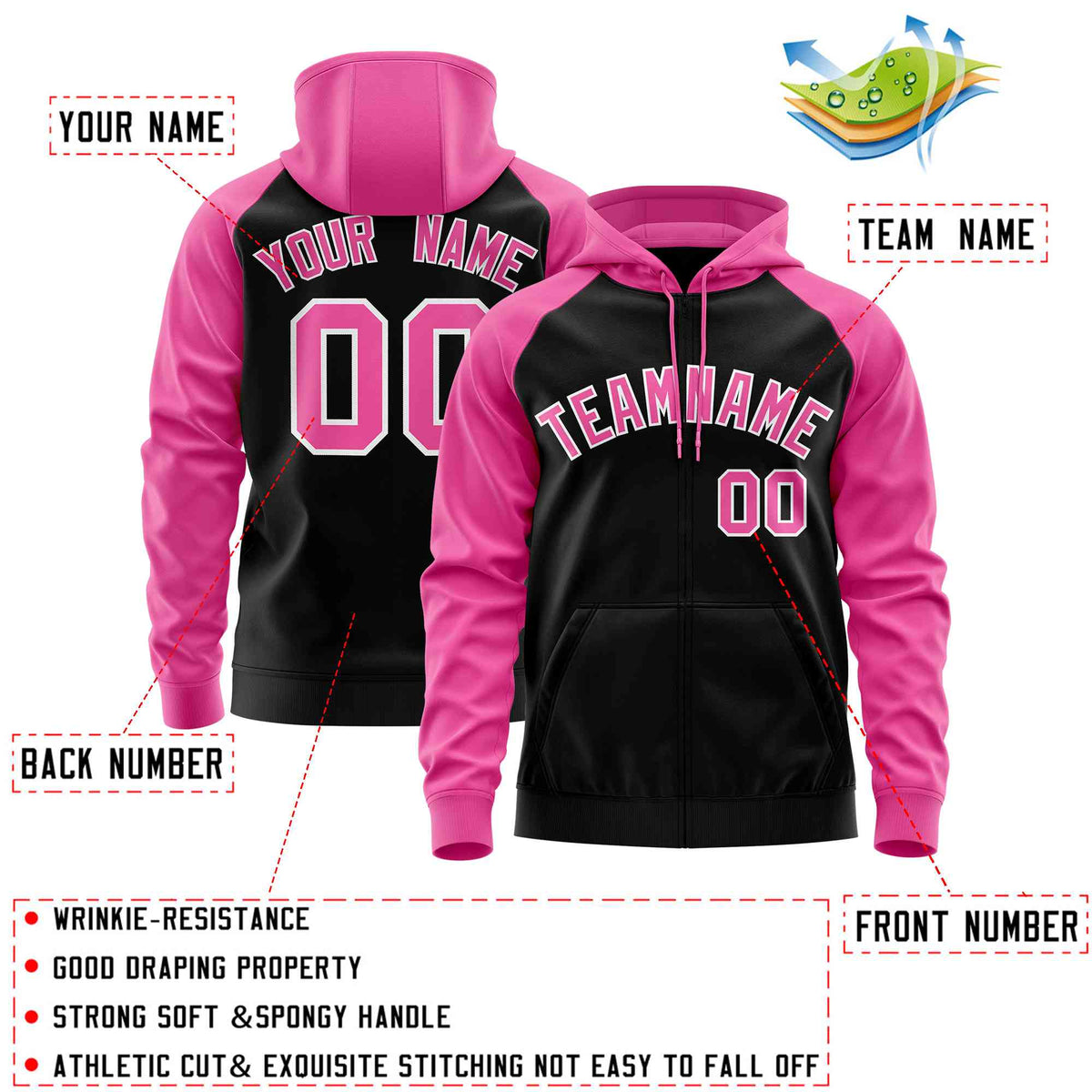 Custom Stitched Black Pink Raglan Sleeves Sports Full-Zip Sweatshirt Hoodie| KXKSHOP