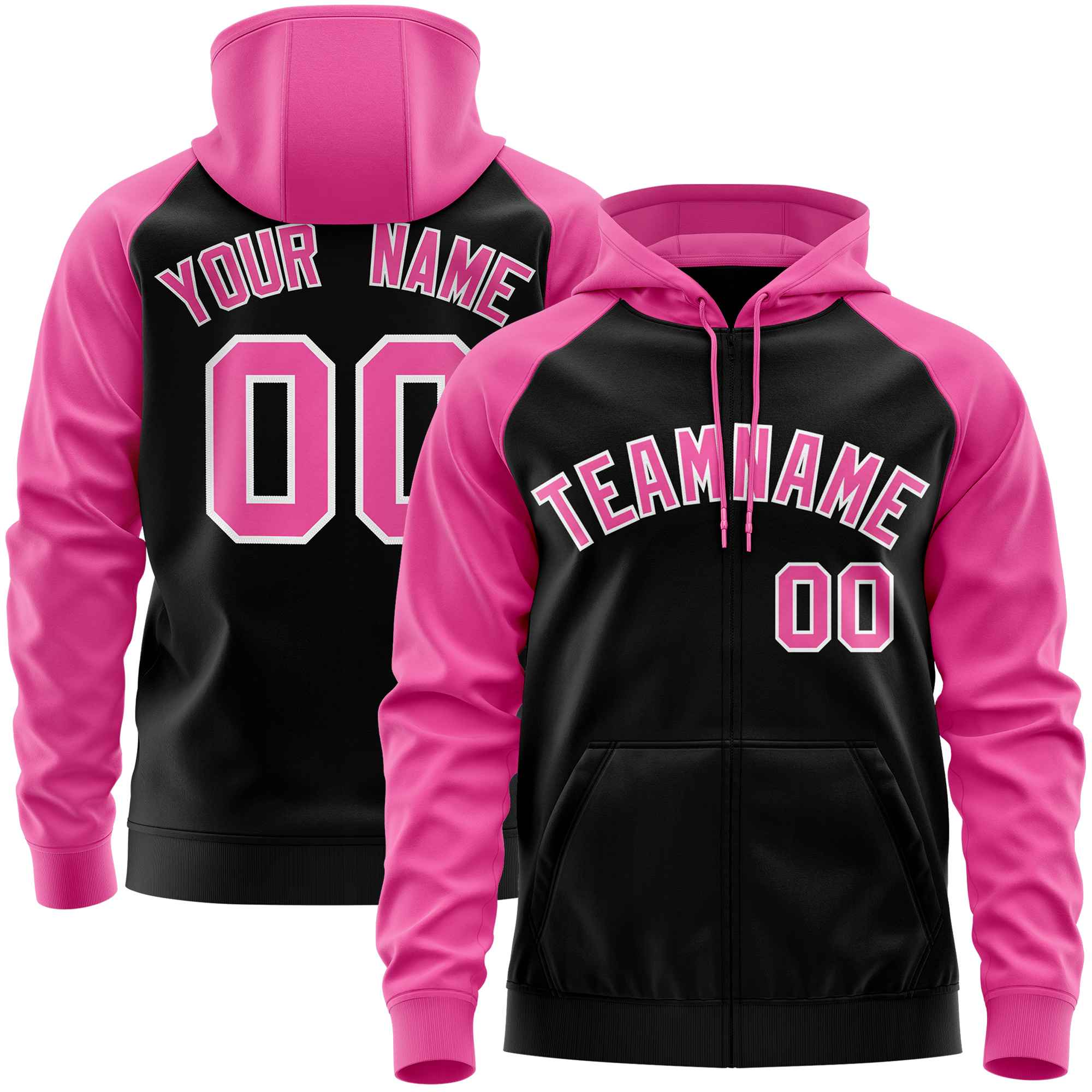 Custom Stitched Black Pink Raglan Sleeves Sports Full-Zip Sweatshirt Hoodie| KXKSHOP
