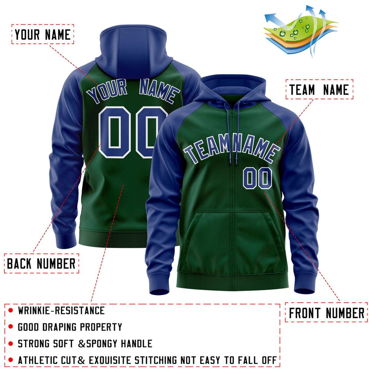 Custom Stitched Green Royal-White Raglan Sleeves Sports Full-Zip Sweatshirt Hoodie| KXKSHOP