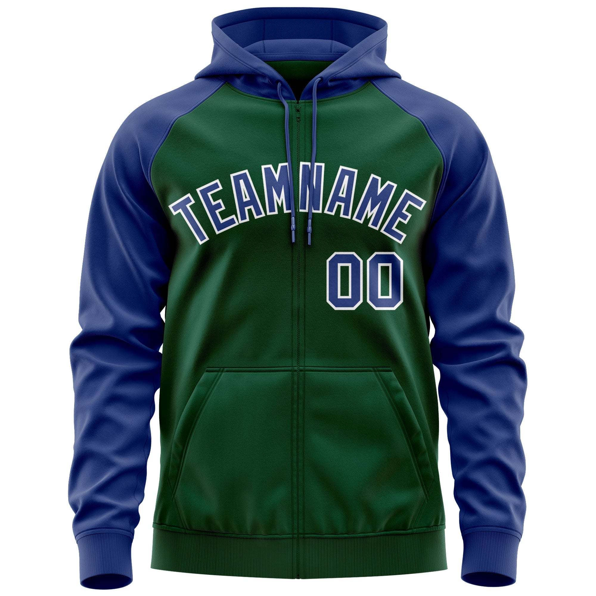 Custom Stitched Green Royal-White Raglan Sleeves Sports Full-Zip Sweatshirt Hoodie| KXKSHOP