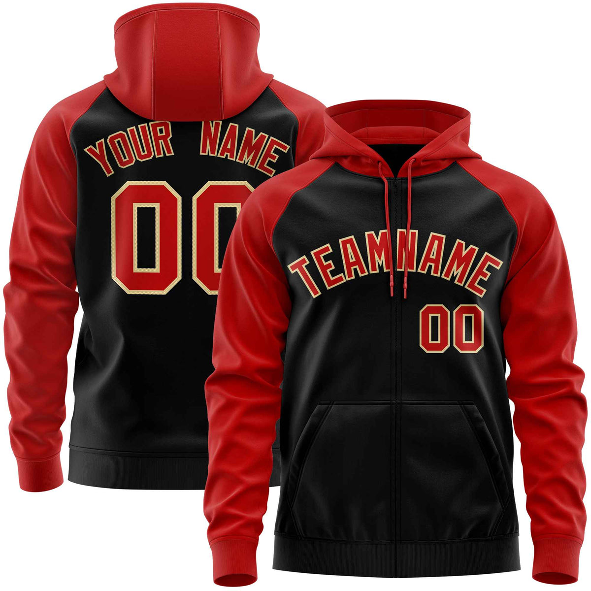 Custom Stitched Black Red Raglan Sleeves Sports Full-Zip Sweatshirt Hoodie| KXKSHOP