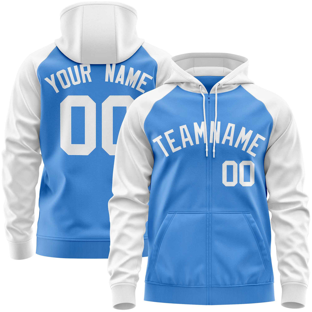 Custom Stitched Powder Blue White Raglan Sleeves Sports Full-Zip Sweatshirt Hoodie| KXKSHOP