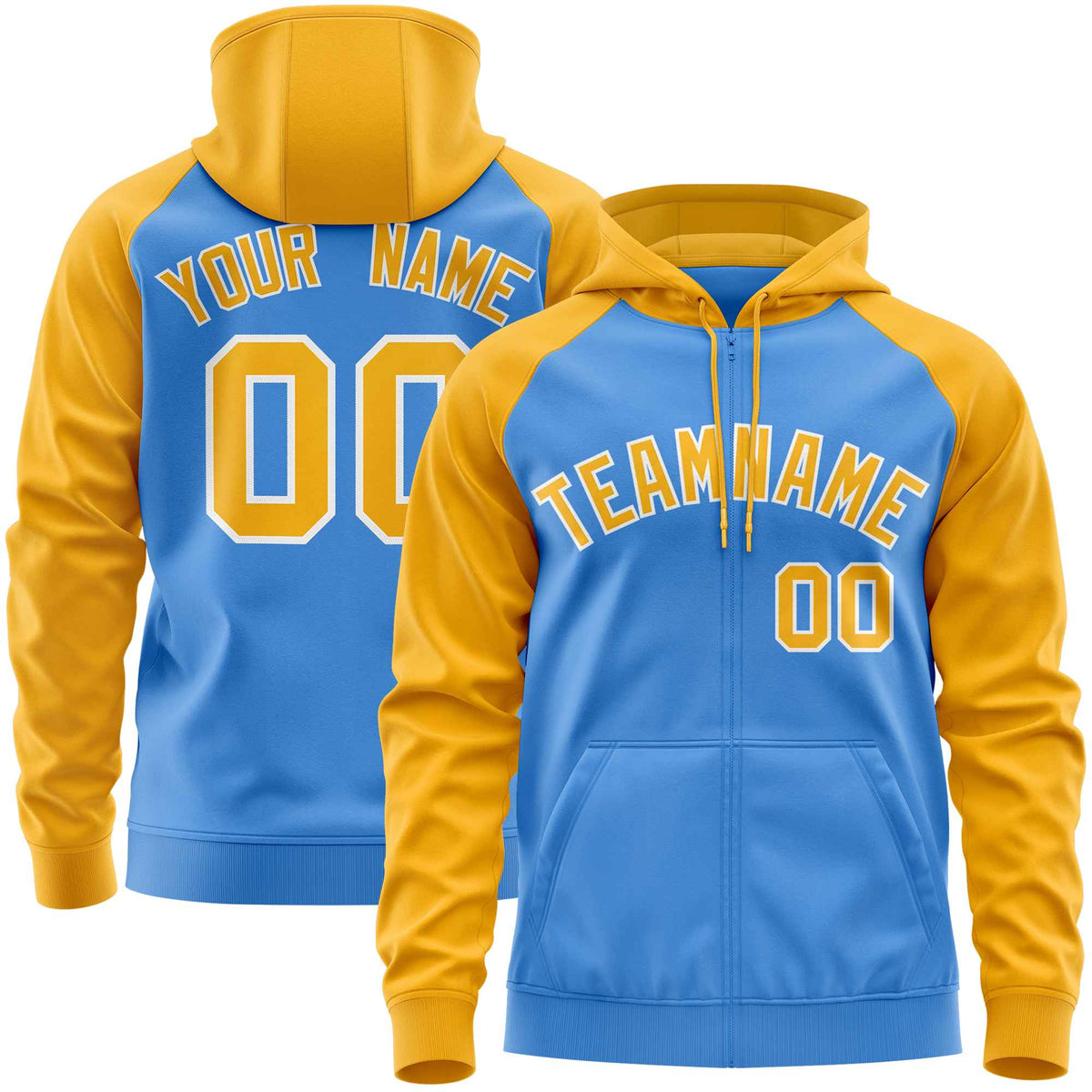 Custom Stitched Powder Blue Gold Raglan Sleeves Sports Full-Zip Sweatshirt Hoodie| KXKSHOP