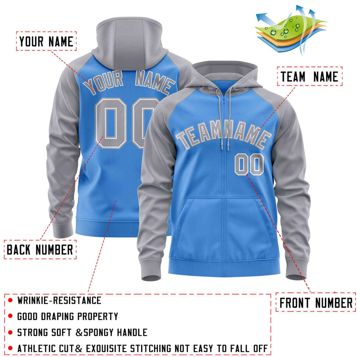 Custom Stitched Powder Blue Light Gray Raglan Sleeves Sports Full-Zip Sweatshirt Hoodie| KXKSHOP