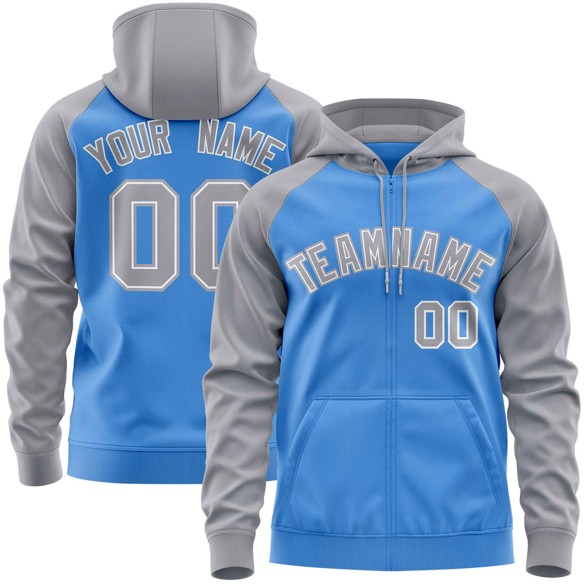 Custom Stitched Powder Blue Light Gray Raglan Sleeves Sports Full-Zip Sweatshirt Hoodie| KXKSHOP