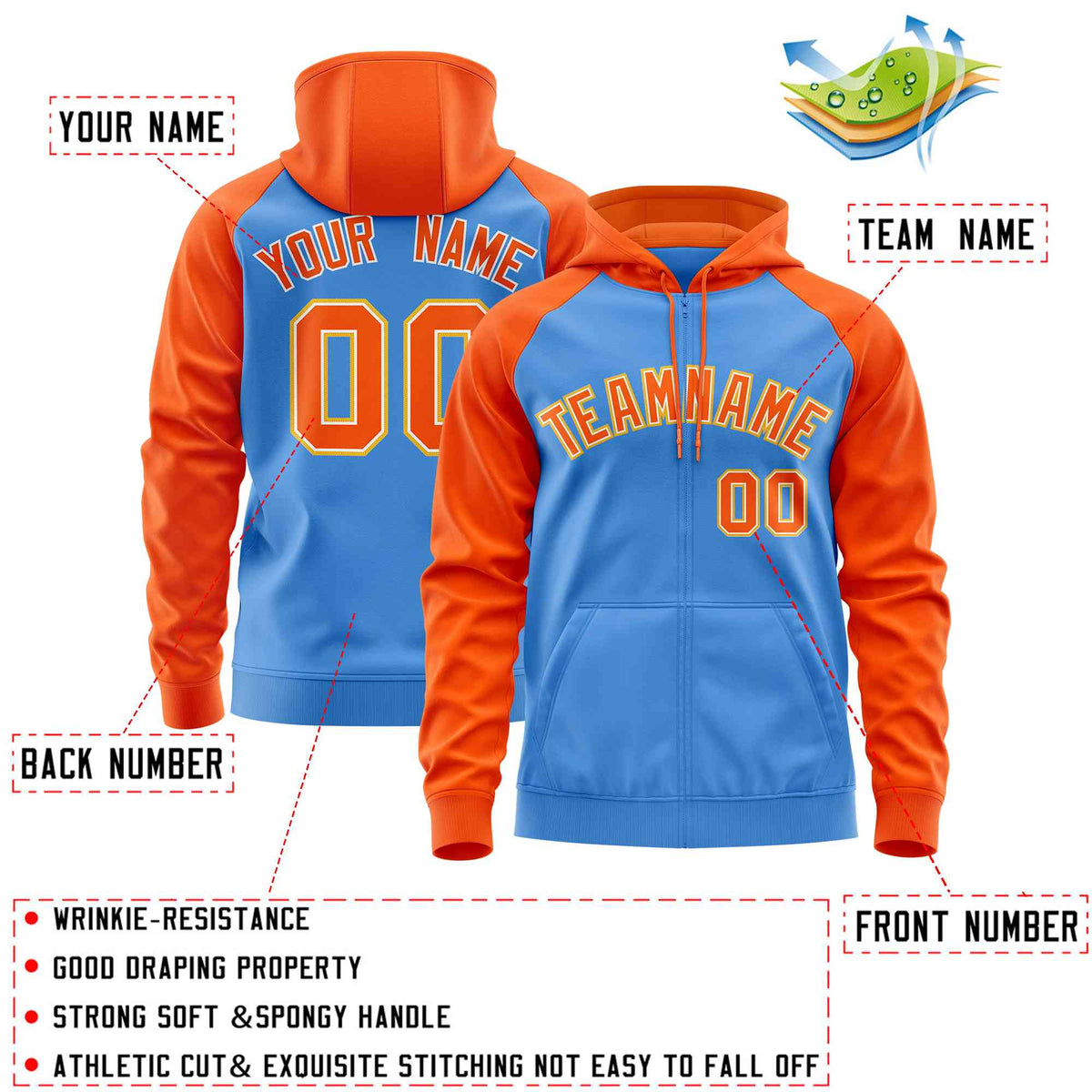 Custom Stitched Powder Blue Orange Raglan Sleeves Sports Full-Zip Sweatshirt Hoodie| KXKSHOP