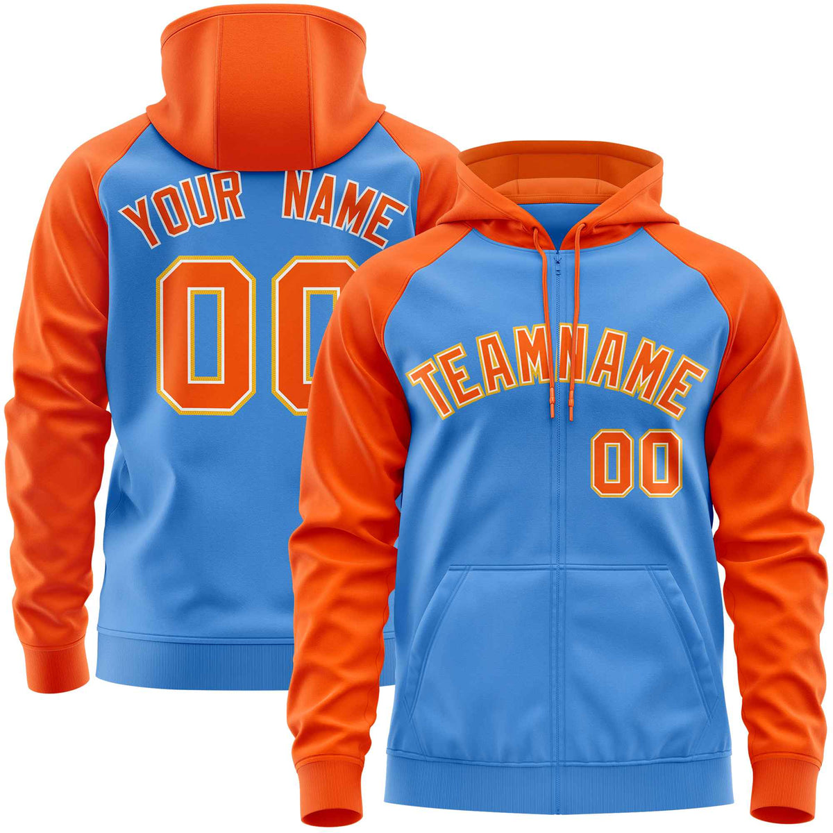 Custom Stitched Powder Blue Orange Raglan Sleeves Sports Full-Zip Sweatshirt Hoodie| KXKSHOP