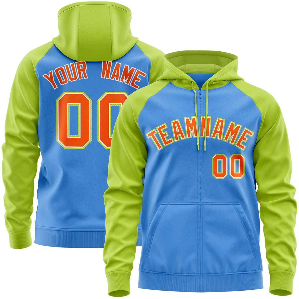 Custom Stitched Powder Blue Neon Green-Orange Raglan Sleeves Sports Full-Zip Sweatshirt Hoodie| KXKSHOP