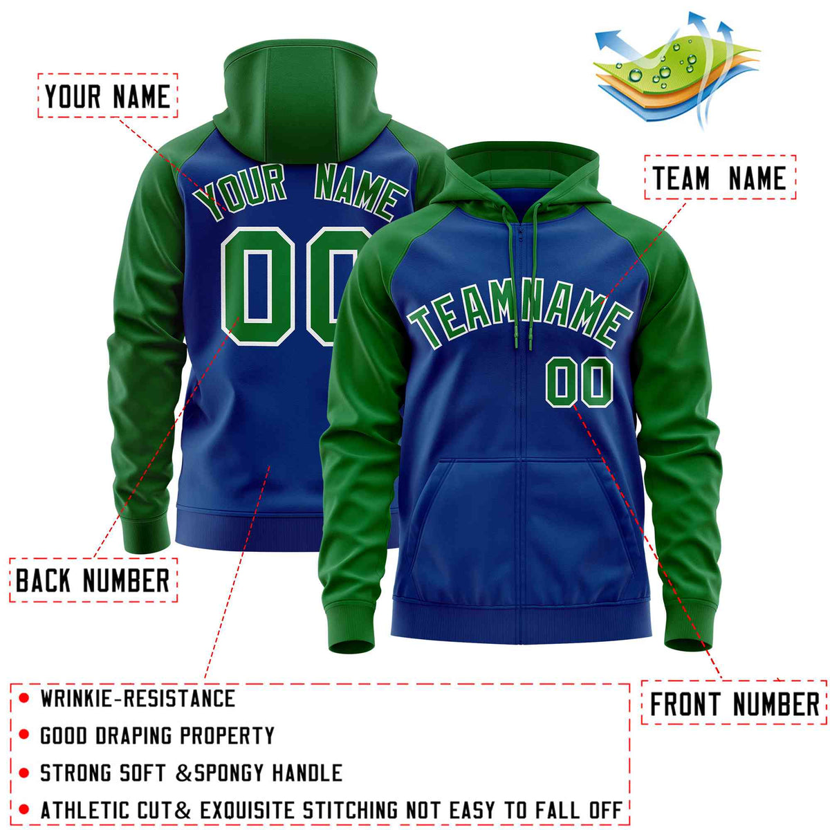 Custom Stitched Royal Kelly Green Raglan Sleeves Sports Full-Zip Sweatshirt Hoodie| KXKSHOP