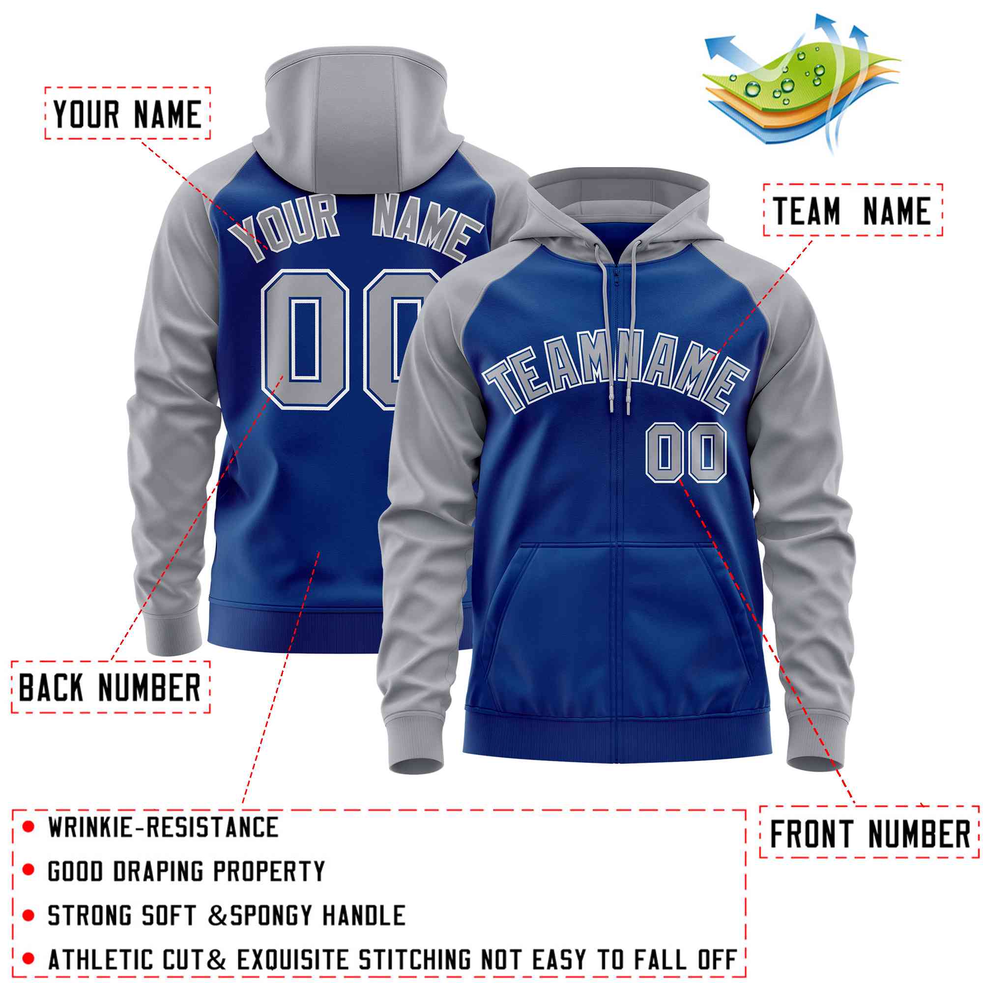 Custom Stitched Royal Light Gray Raglan Sleeves Sports Full-Zip Sweatshirt Hoodie| KXKSHOP