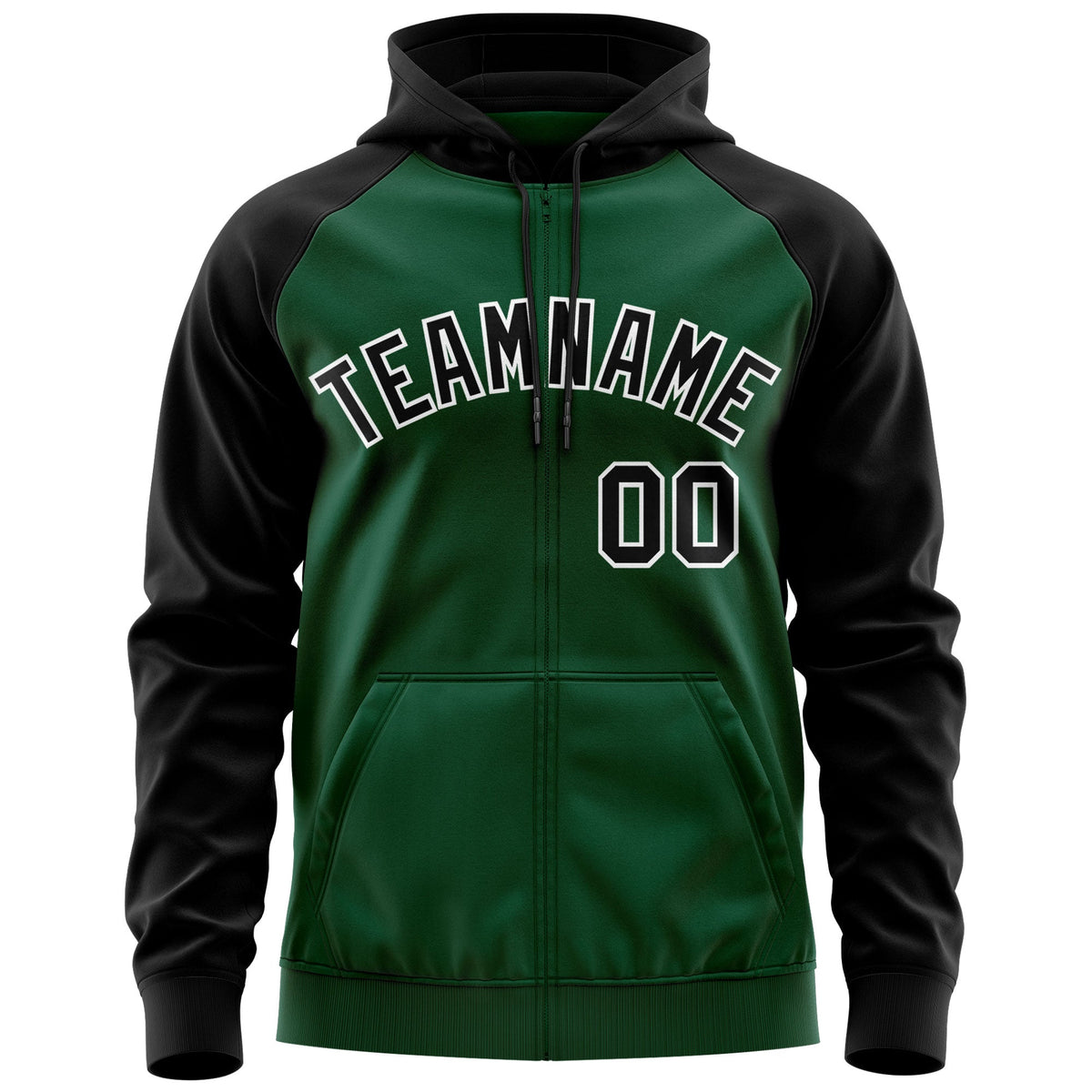 Custom Stitched Green Black-White Raglan Sleeves Sports Full-Zip Sweatshirt Hoodie| KXKSHOP