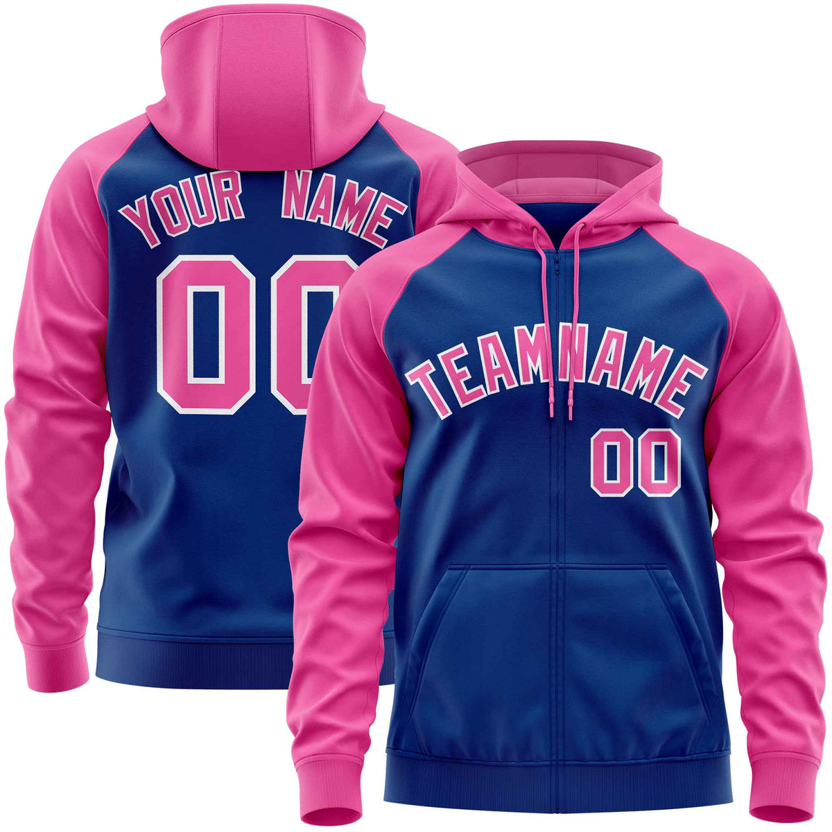 Custom Stitched Royal Pink Raglan Sleeves Sports Full-Zip Sweatshirt Hoodie| KXKSHOP