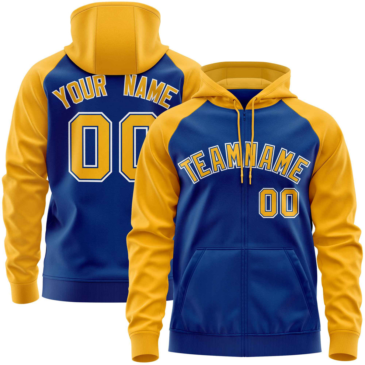 Custom Stitched Royal Gold Raglan Sleeves Sports Full-Zip Sweatshirt Hoodie| KXKSHOP