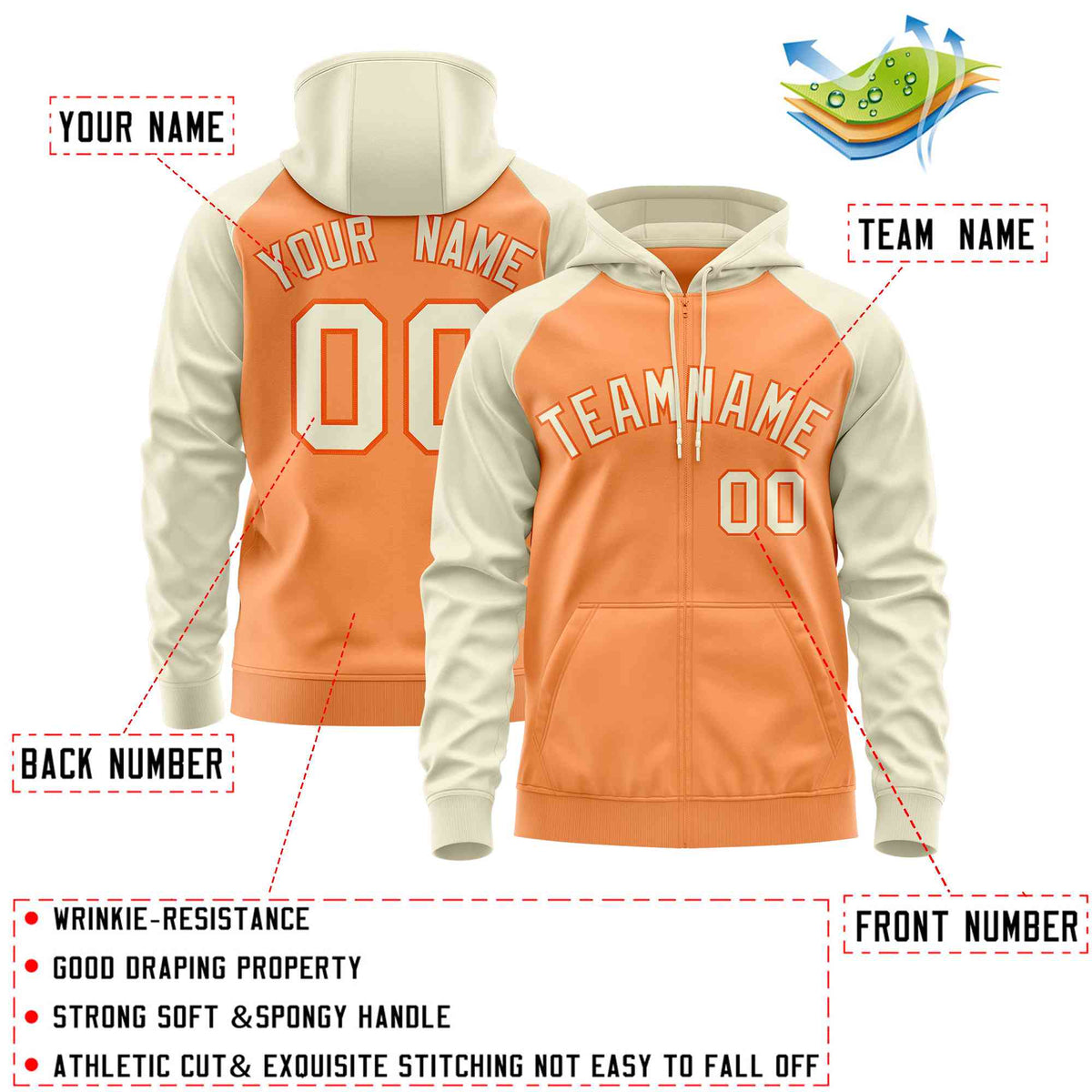 Custom Stitched Light Orange Cream Raglan Sleeves Sports Full-Zip Sweatshirt Hoodie| KXKSHOP