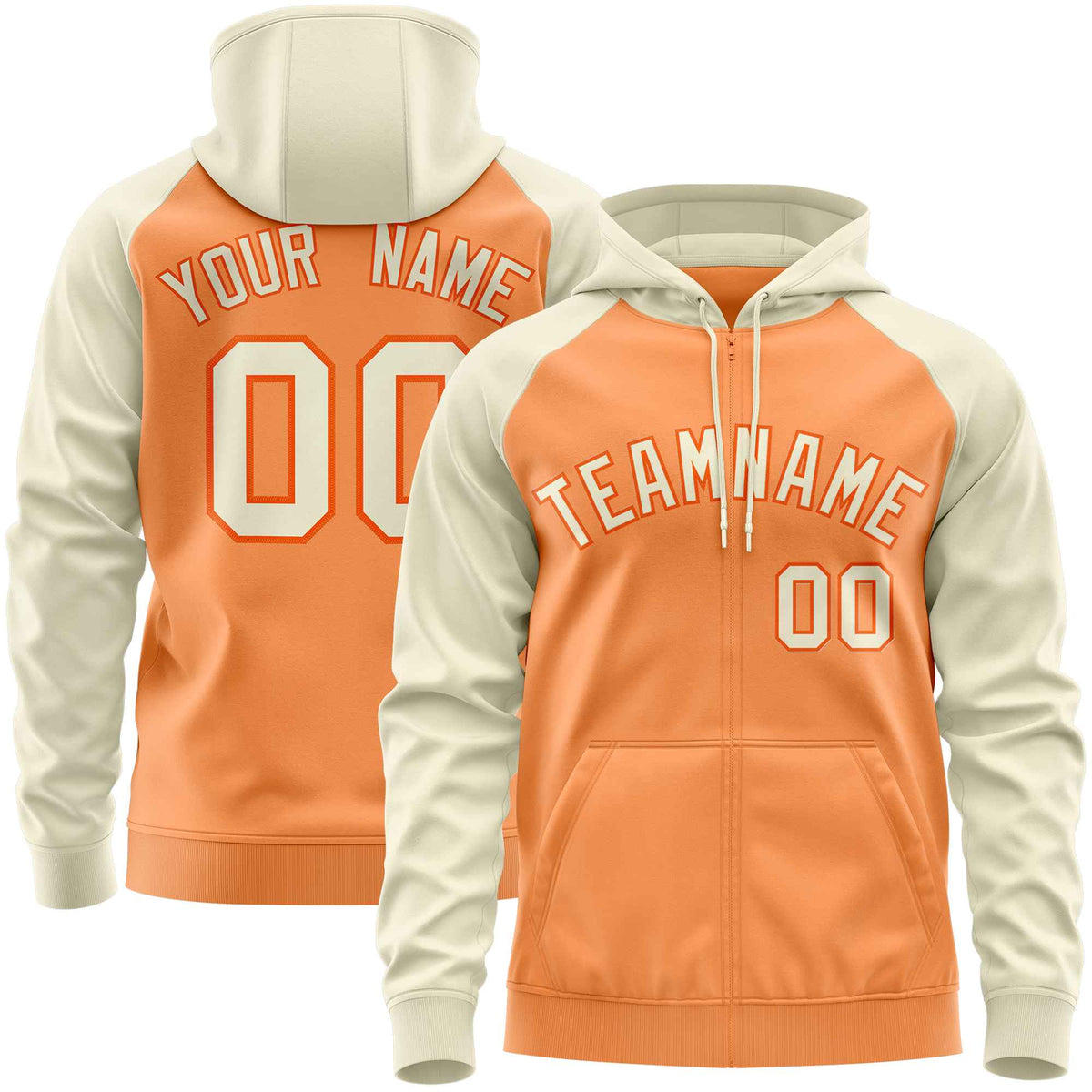 Custom Stitched Light Orange Cream Raglan Sleeves Sports Full-Zip Sweatshirt Hoodie| KXKSHOP