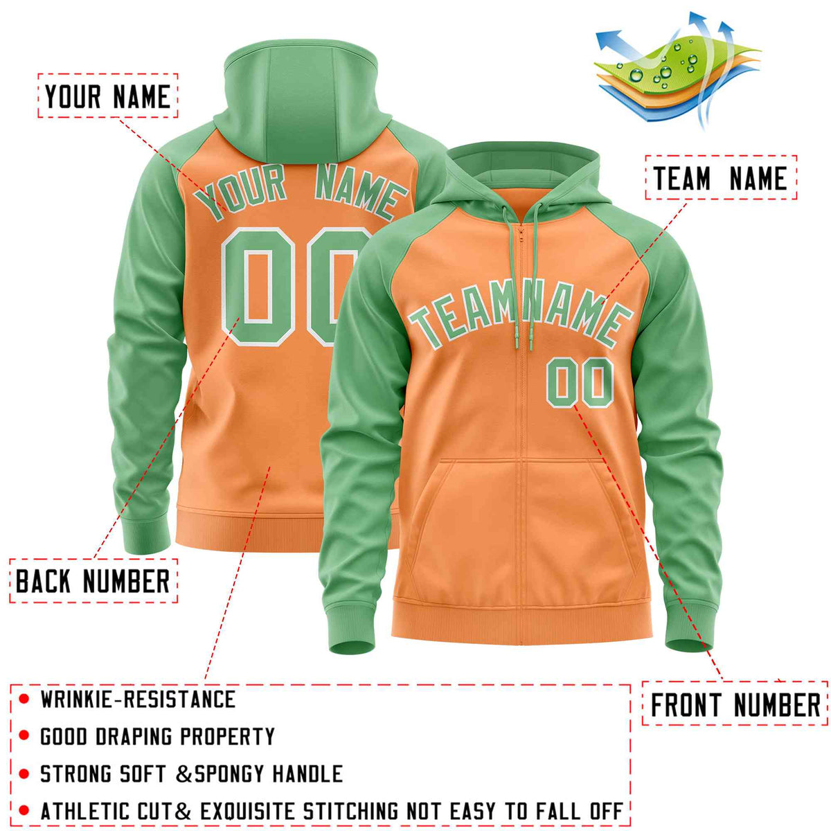 Custom Stitched Light Orange Green Raglan Sleeves Sports Full-Zip Sweatshirt Hoodie| KXKSHOP