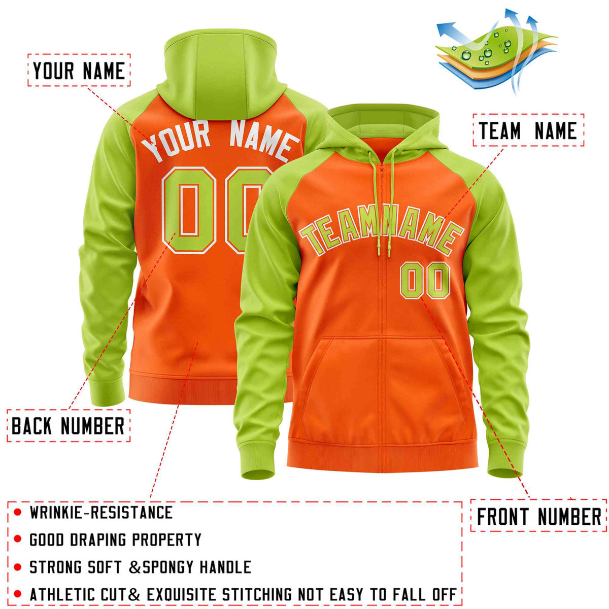 Custom Stitched Orange Neon Green Raglan Sleeves Sports Full-Zip Sweatshirt Hoodie| KXKSHOP