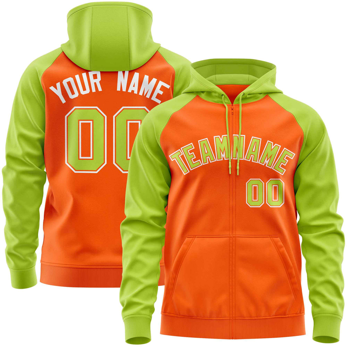Custom Stitched Orange Neon Green Raglan Sleeves Sports Full-Zip Sweatshirt Hoodie| KXKSHOP