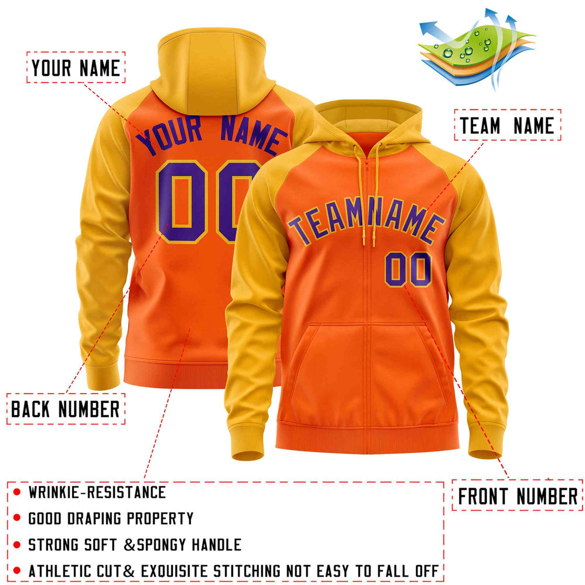 Custom Stitched Orange Gold-Purple Raglan Sleeves Sports Full-Zip Sweatshirt Hoodie| KXKSHOP