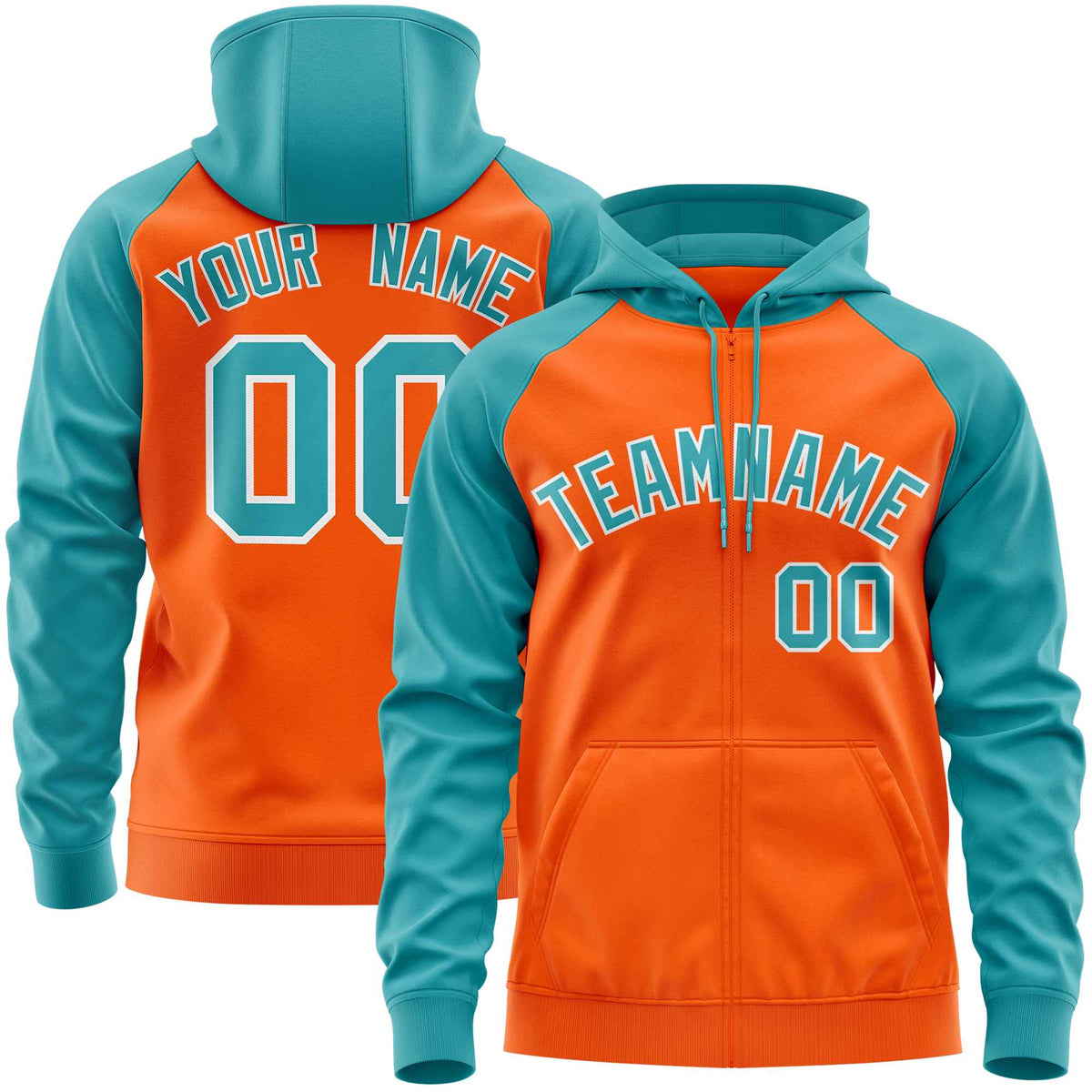 Custom Stitched Orange Aqua Raglan Sleeves Sports Full-Zip Sweatshirt Hoodie| KXKSHOP