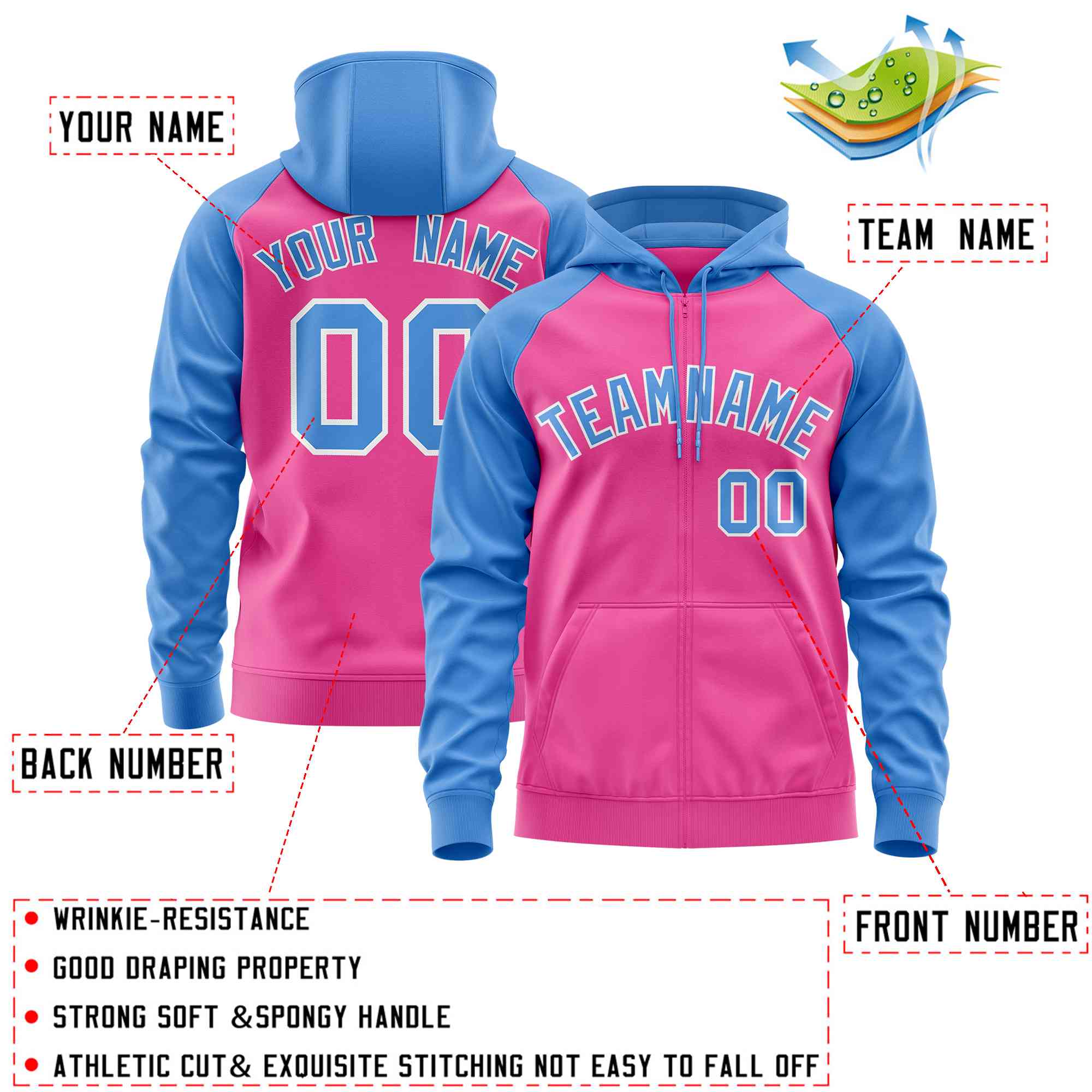 Custom Stitched Pink Powder Blue Raglan Sleeves Sports Full-Zip Sweatshirt Hoodie| KXKSHOP