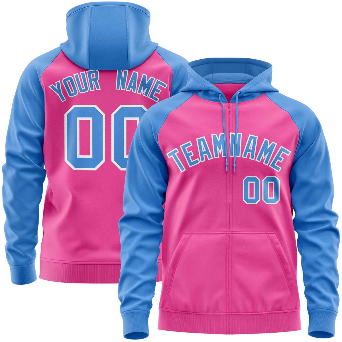Custom Stitched Pink Powder Blue Raglan Sleeves Sports Full-Zip Sweatshirt Hoodie| KXKSHOP
