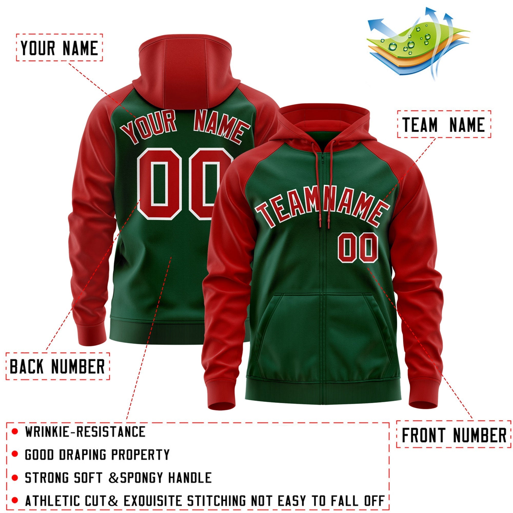 Custom Stitched Green Red-White Raglan Sleeves Sports Full-Zip Sweatshirt Hoodie| KXKSHOP