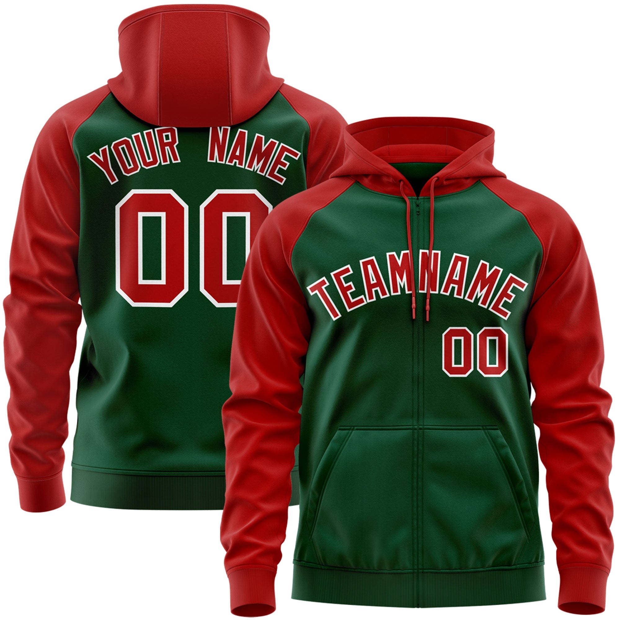 Custom Stitched Green Red-White Raglan Sleeves Sports Full-Zip Sweatshirt Hoodie| KXKSHOP
