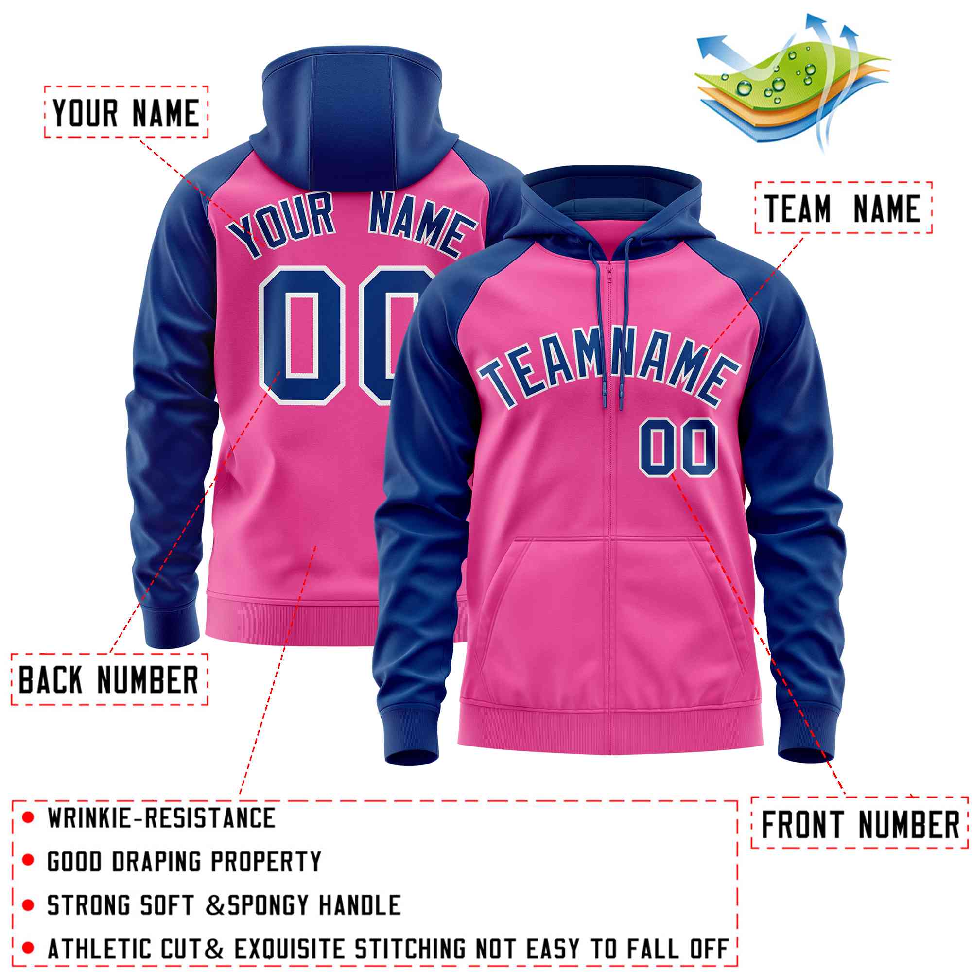 Custom Stitched Pink Royal Raglan Sleeves Sports Full-Zip Sweatshirt Hoodie| KXKSHOP