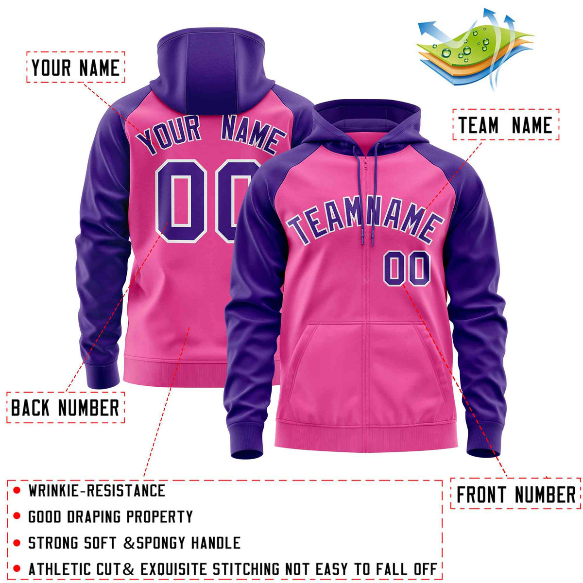 Custom Stitched Pink Purple Raglan Sleeves Sports Full-Zip Sweatshirt Hoodie| KXKSHOP