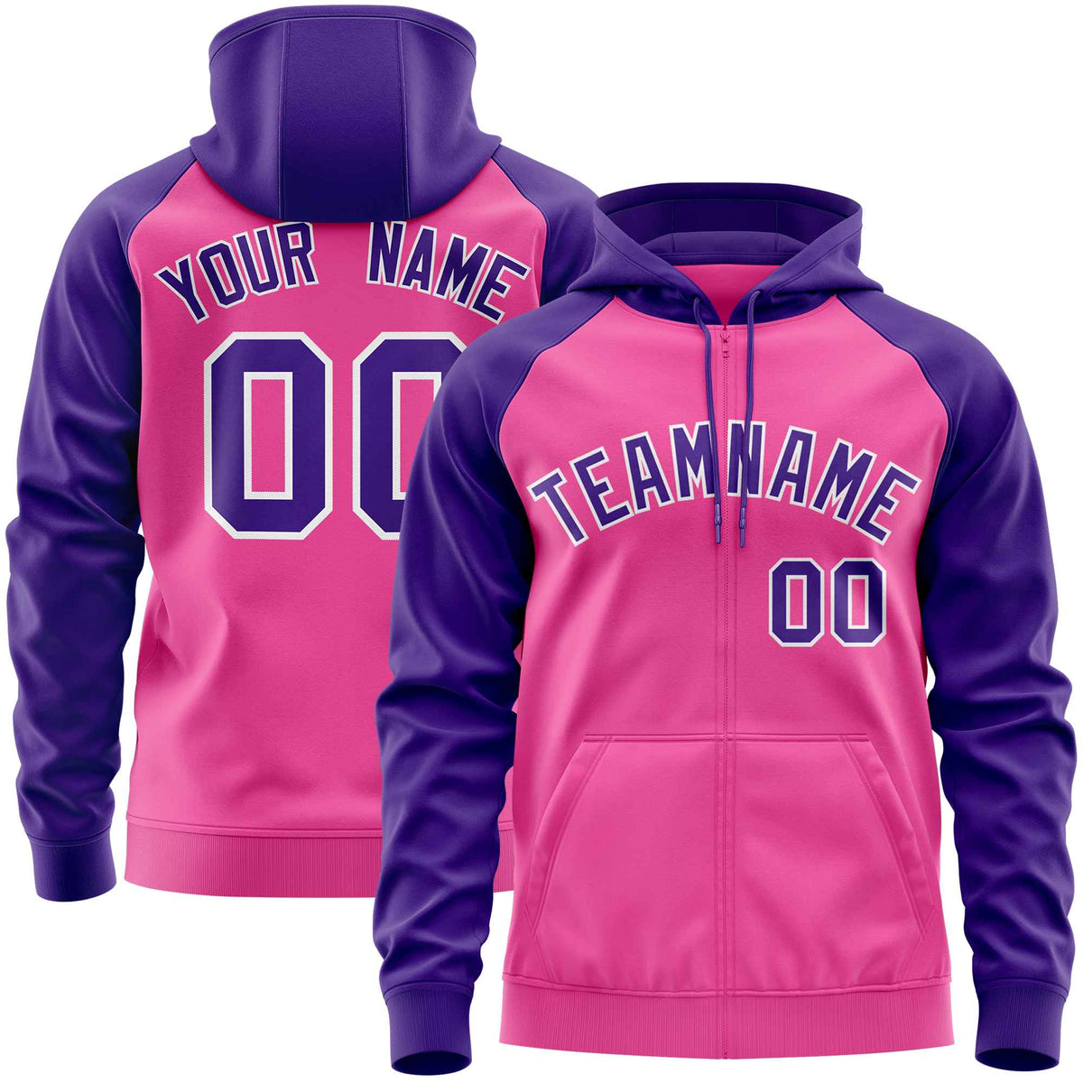 Custom Stitched Pink Purple Raglan Sleeves Sports Full-Zip Sweatshirt Hoodie| KXKSHOP