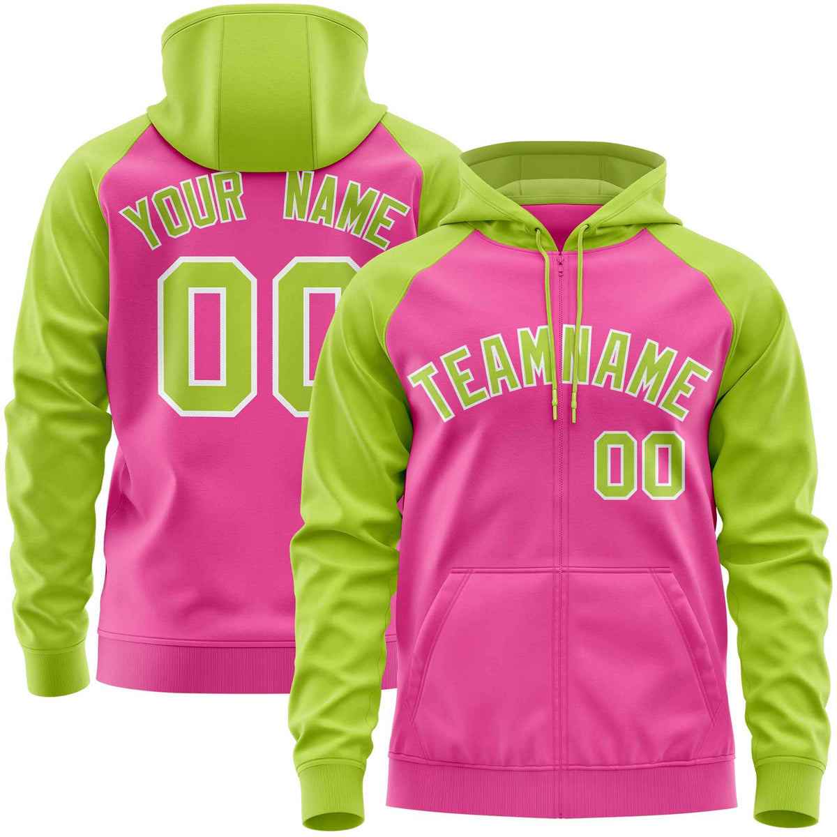 Custom Stitched Pink Neon Green Raglan Sleeves Sports Full-Zip Sweatshirt Hoodie| KXKSHOP