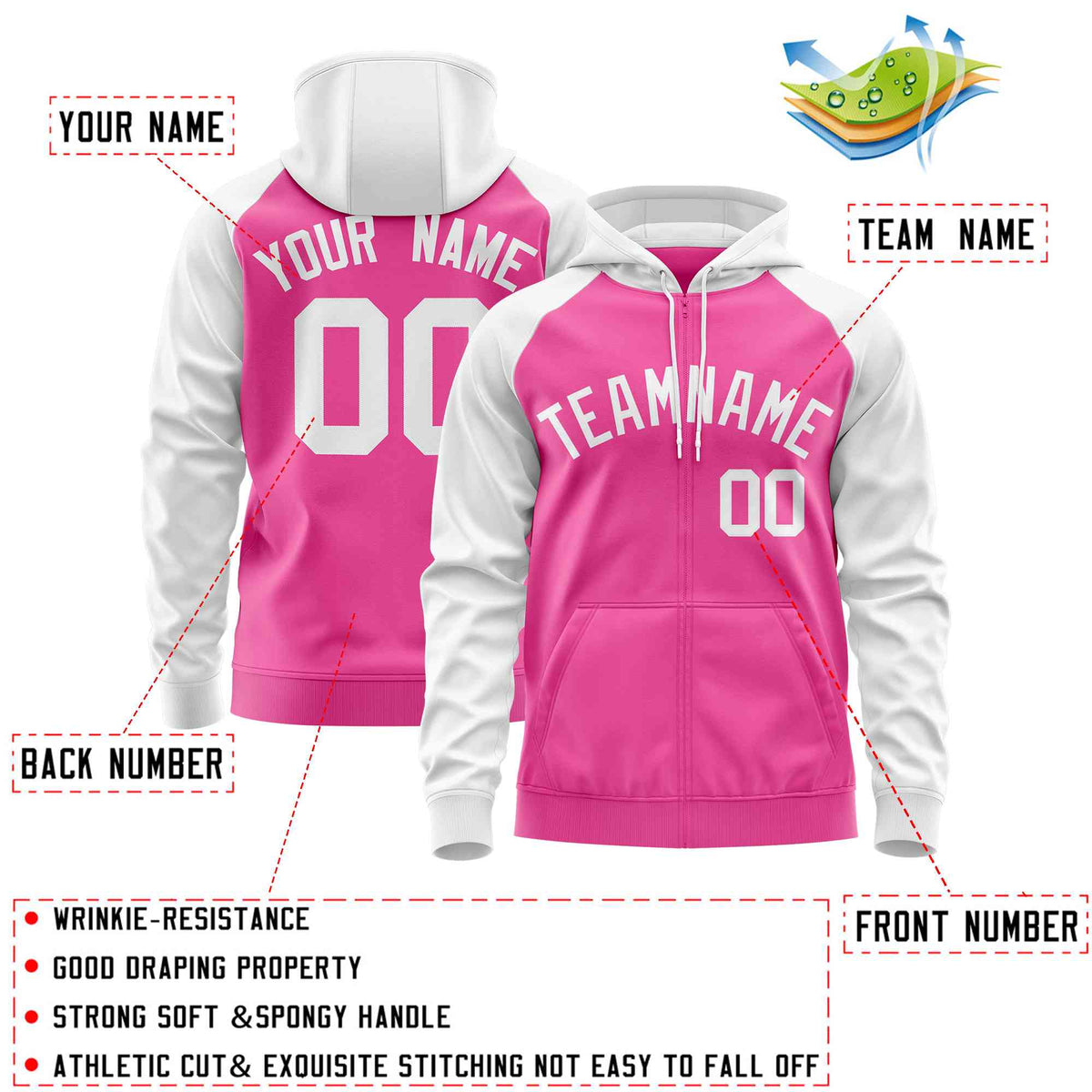 Custom Stitched Pink White Raglan Sleeves Sports Full-Zip Sweatshirt Hoodie| KXKSHOP