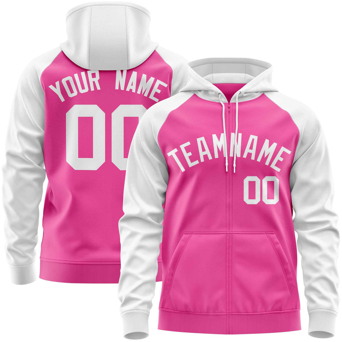 Custom Stitched Pink White Raglan Sleeves Sports Full-Zip Sweatshirt Hoodie| KXKSHOP