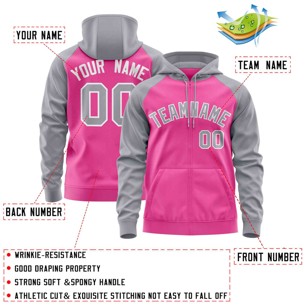 Custom Stitched Pink Light Gray Raglan Sleeves Sports Full-Zip Sweatshirt Hoodie| KXKSHOP
