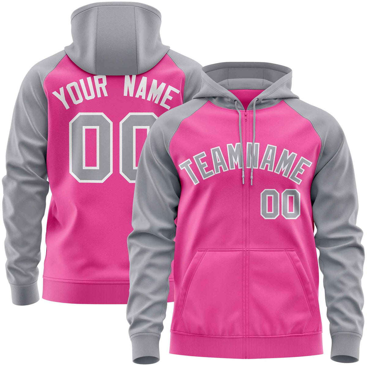 Custom Stitched Pink Light Gray Raglan Sleeves Sports Full-Zip Sweatshirt Hoodie| KXKSHOP