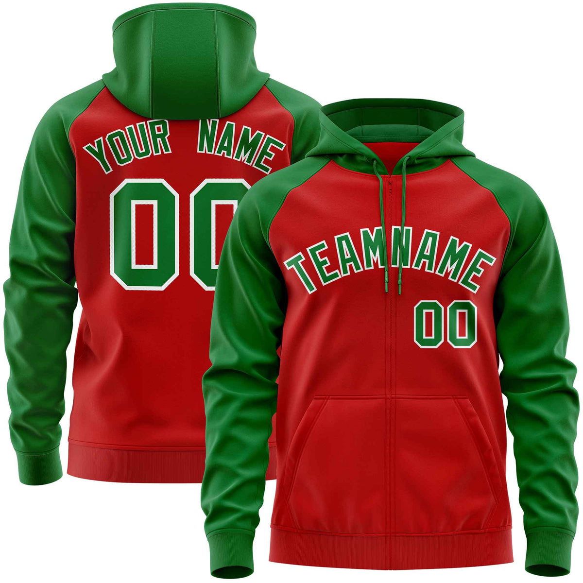 Custom Stitched Red Kelly Green Raglan Sleeves Sports Full-Zip Sweatshirt Hoodie| KXKSHOP