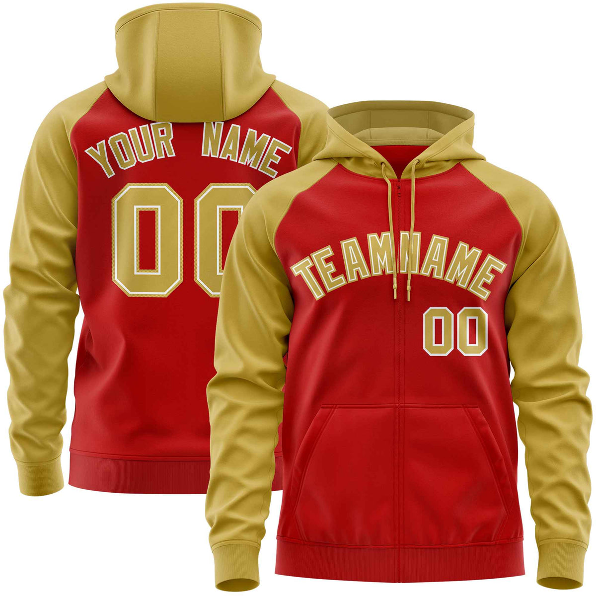 Custom Stitched Red Old Gold Raglan Sleeves Sports Full-Zip Sweatshirt Hoodie| KXKSHOP