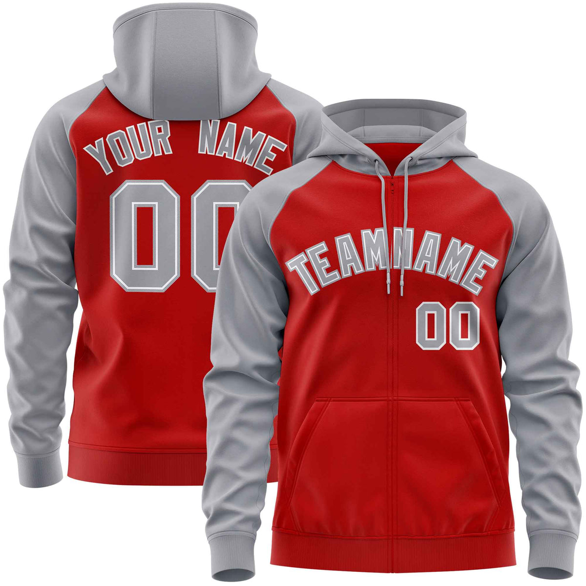 Custom Stitched Red Light Gray Raglan Sleeves Sports Full-Zip Sweatshirt Hoodie| KXKSHOP