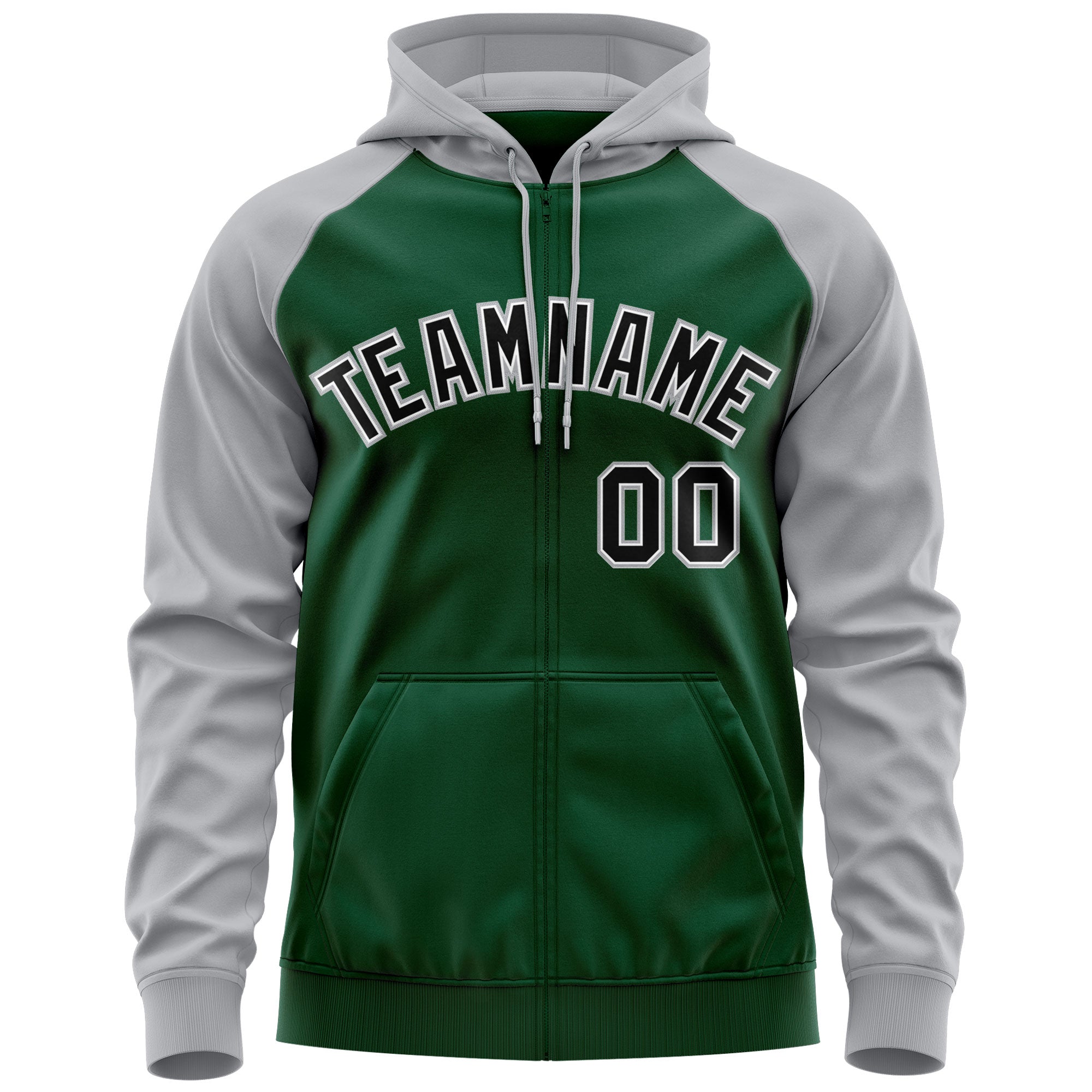 Custom Stitched Green Black-Gray Raglan Sleeves Sports Full-Zip Sweatshirt Hoodie| KXKSHOP