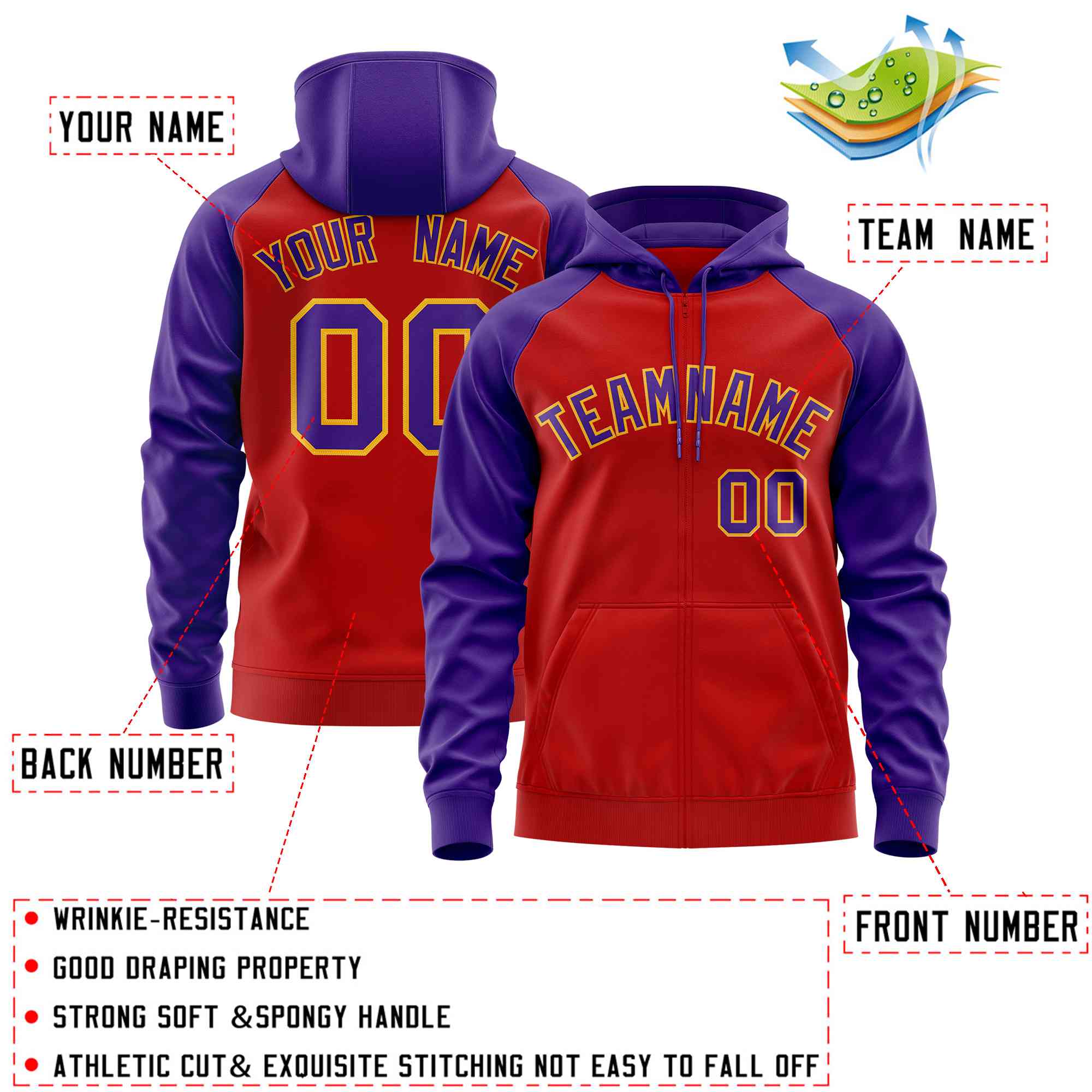 Custom Stitched Red Purple Raglan Sleeves Sports Full-Zip Sweatshirt Hoodie| KXKSHOP