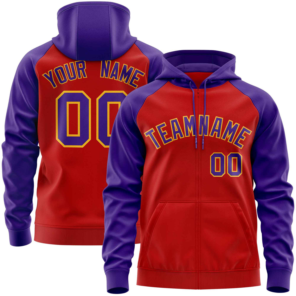 Custom Stitched Red Purple Raglan Sleeves Sports Full-Zip Sweatshirt Hoodie| KXKSHOP