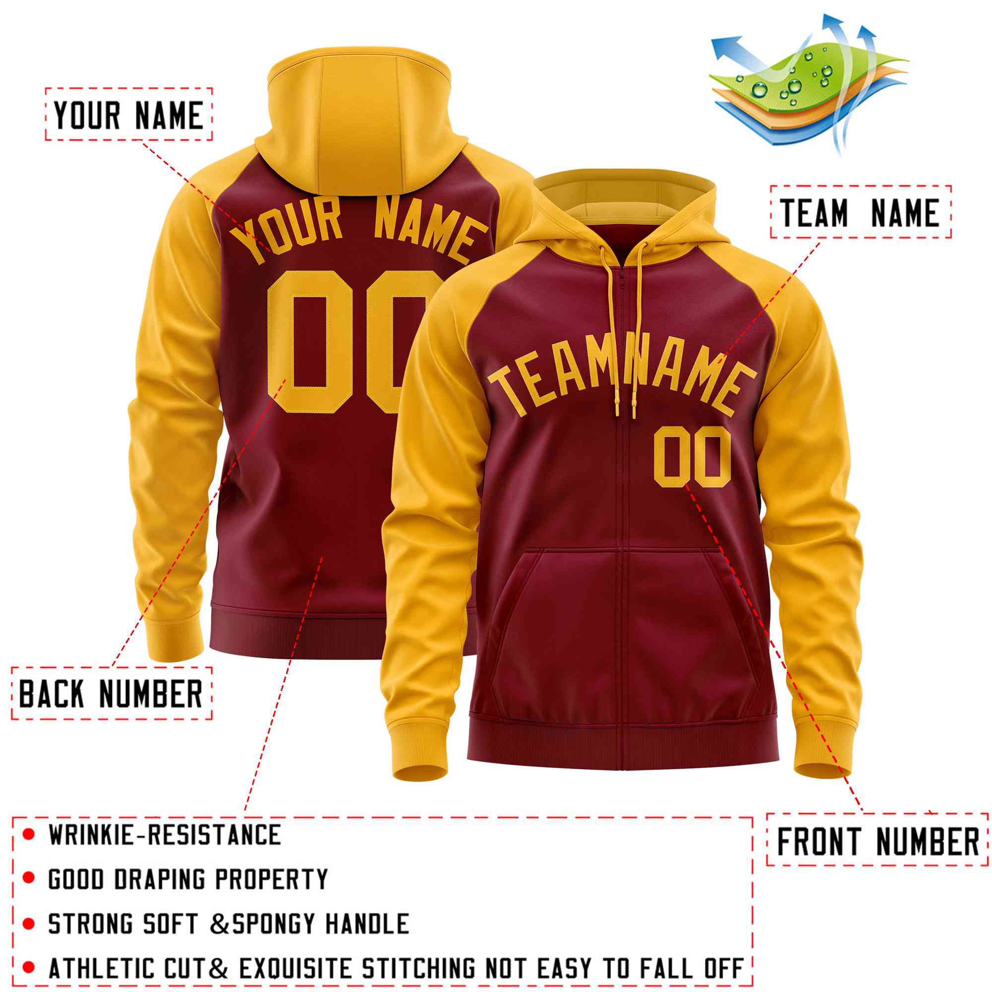 Custom Stitched Crimson Gold Raglan Sleeves Sports Full-Zip Sweatshirt Hoodie| KXKSHOP