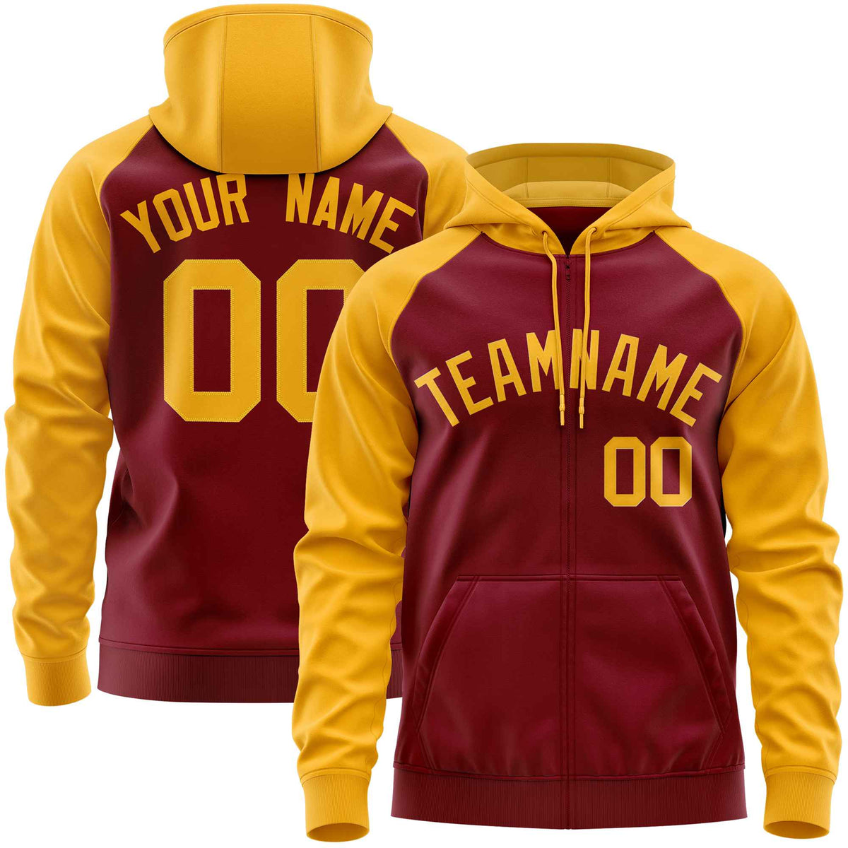 Custom Stitched Crimson Gold Raglan Sleeves Sports Full-Zip Sweatshirt Hoodie| KXKSHOP
